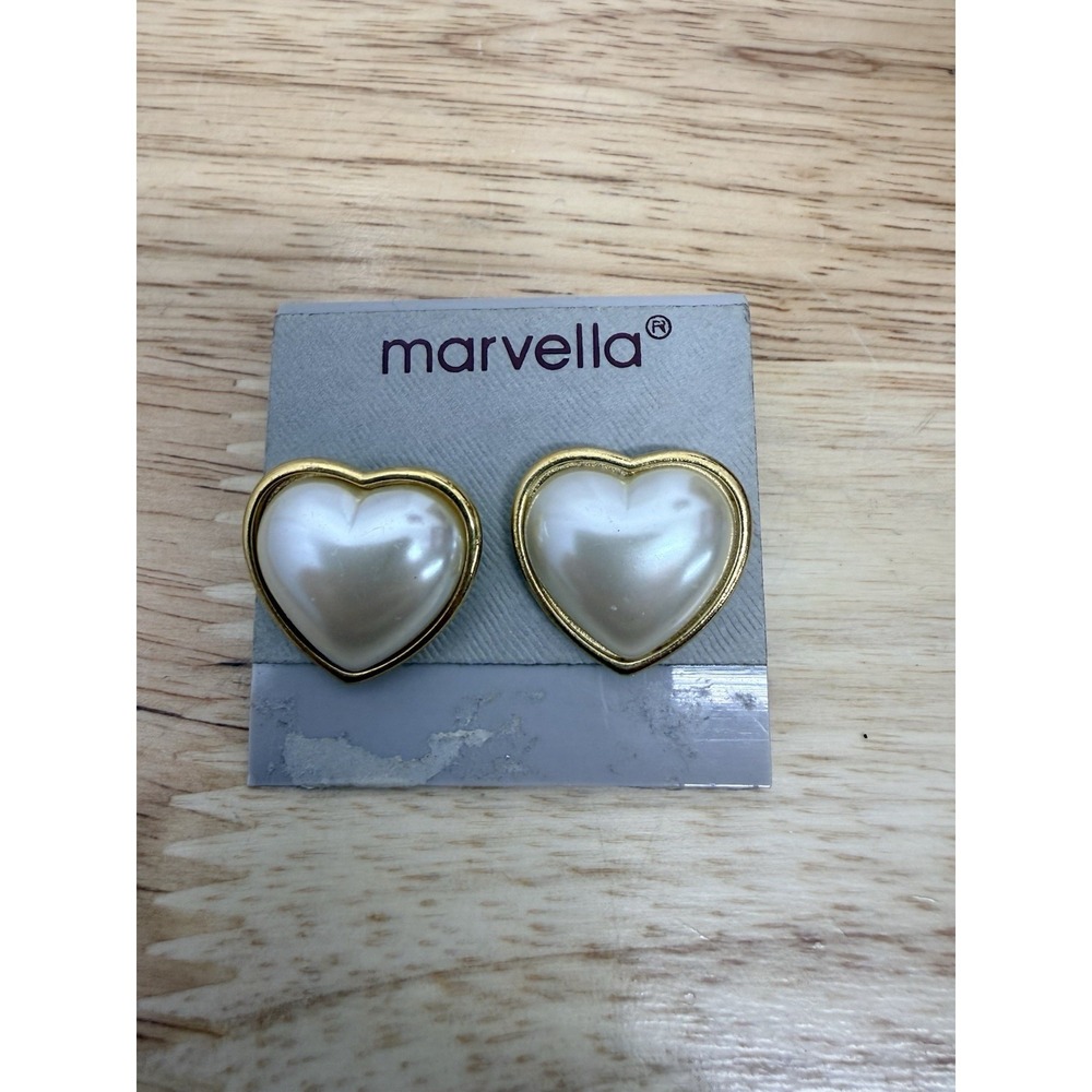 Vintage Y2K Heart Marvella earrings Faux Pearl Gold‎ Costume Jewelry New 90's